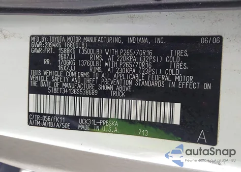 2006 Toyota Tundra Sr5 V8 from USA, damaged, VIN 5TBET34136S538689